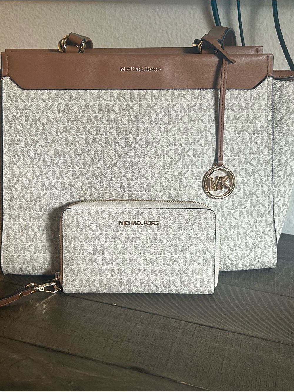 Michael Kors White/Beige MK Logo Tote with Brown Trim and Matching Wallet